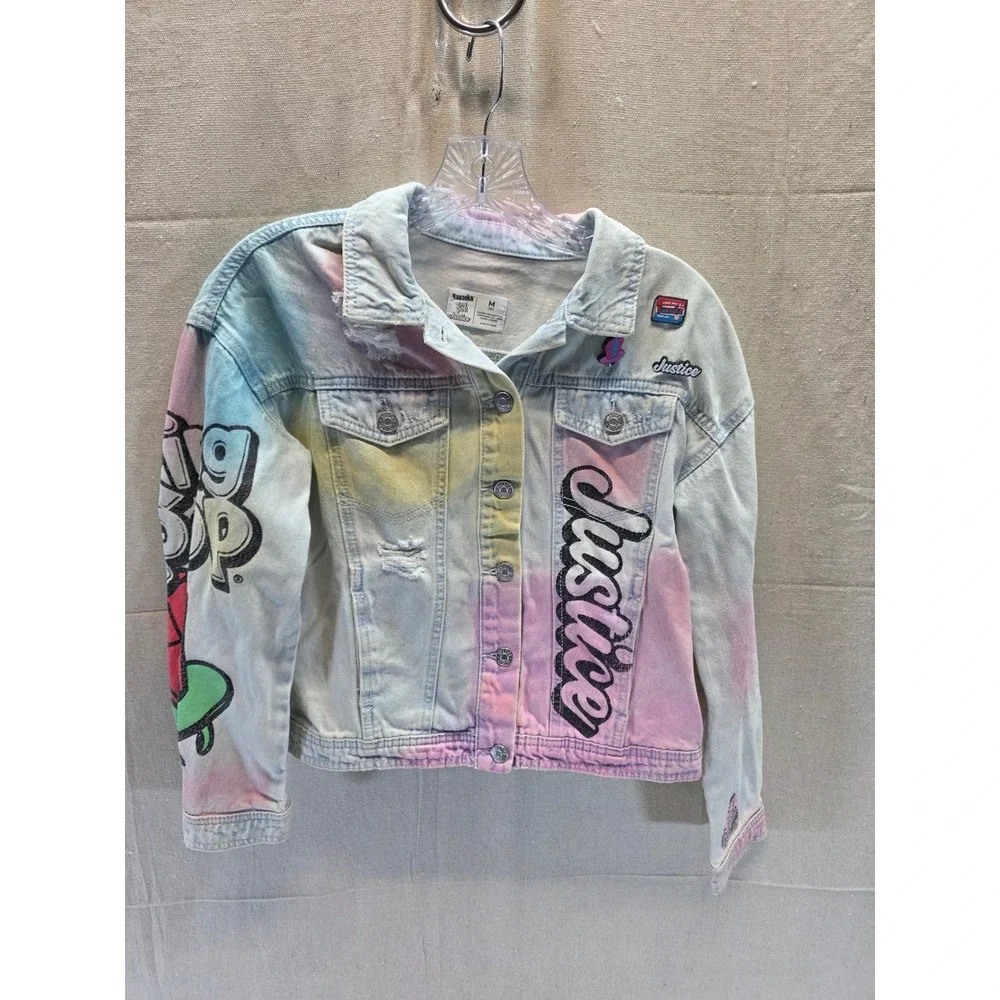 Justice x Bazooka Ring Pop Girls Denim Jacket Sz M 10 Tie Dye Graphic Distressed